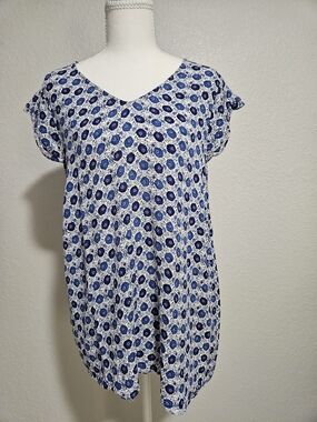 Blue & White Floral Dot V-Neck Tunic